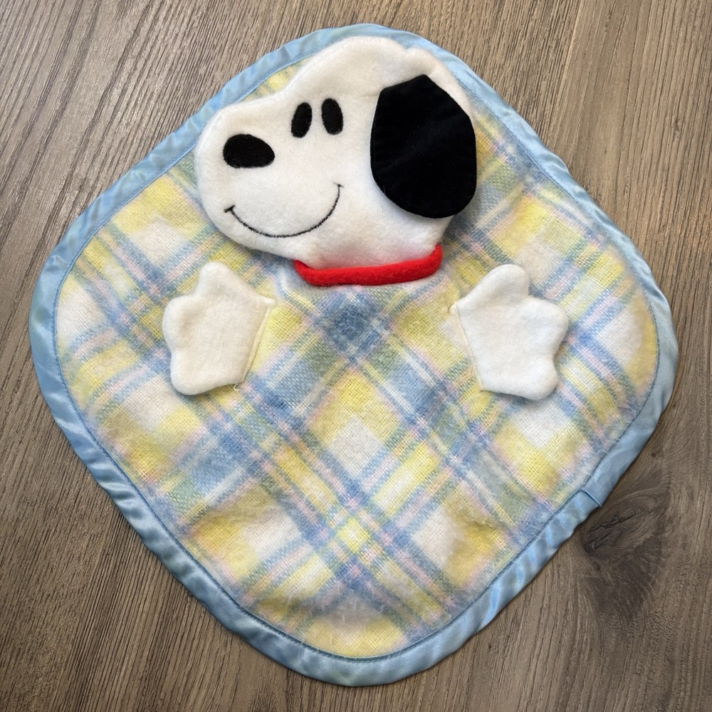 Vintage 1958 Knickerbocker Snoopy Plaid Satin Trim Baby Security Blanket Lovey